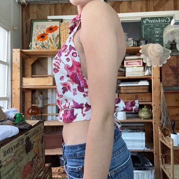 Express Stretch Vintage Y2K Pink Floral Paisley Halter Top Open Back Size 5/6 - Picture 5 of 8